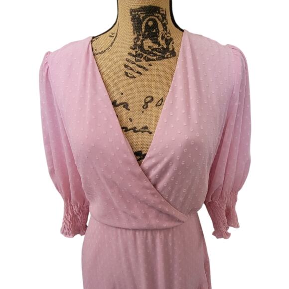 Size 8 Maison Tara Blush Punk Clip Dot Ruffled Faux Wrap Dress Puff Sleeve - Picture 2 of 5
